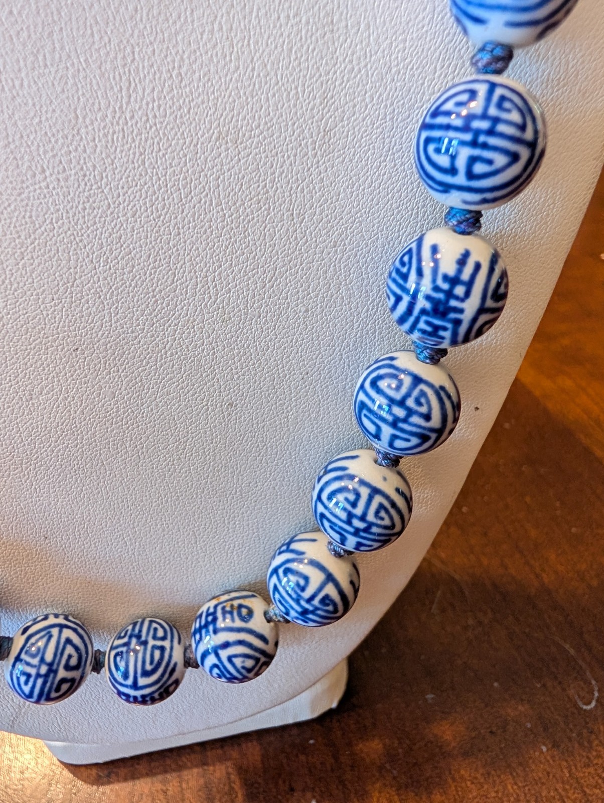 Vintage Chinese Export Blue White Porcelain Shou Knotted Bead 24” Necklace