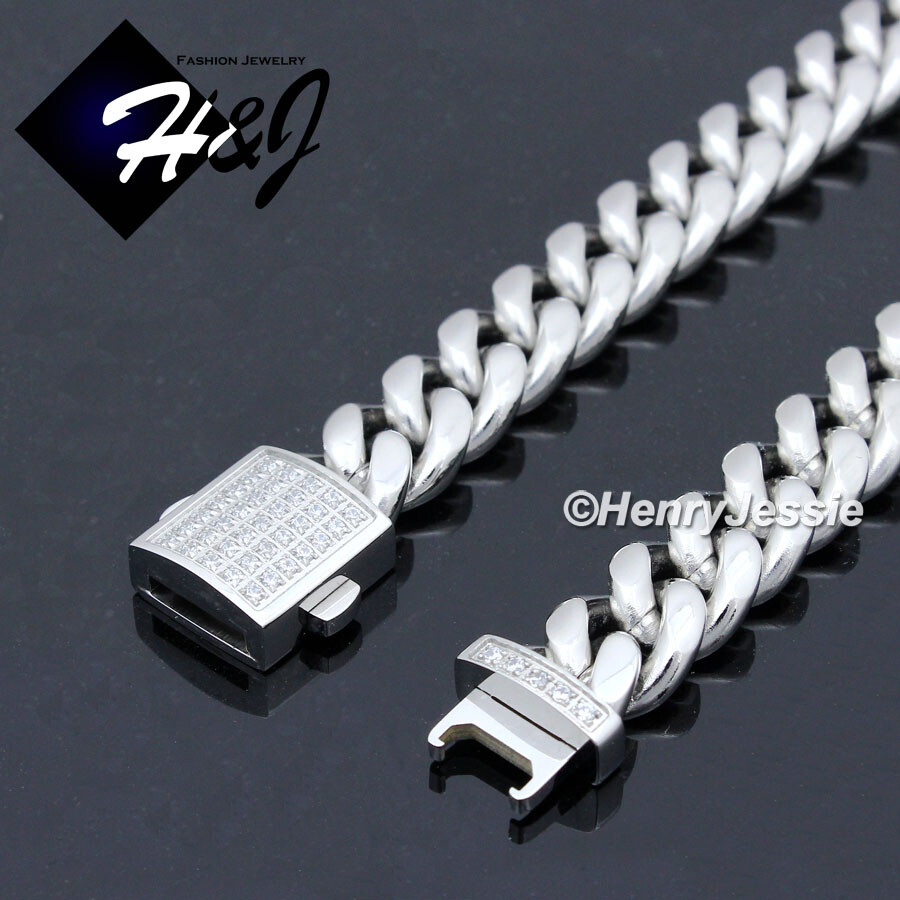 18-40″MEN Stainless Steel 7/10/12mm Silver ICY CZ Miami Cuban Chain Necklace*165