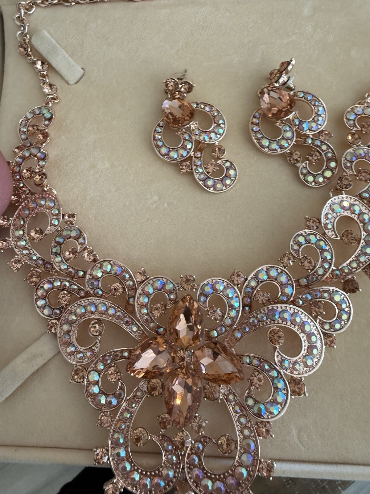 New Peach Rhinestone Wedding, Bridal, Prom Or Pagent Set With Matching Earrings