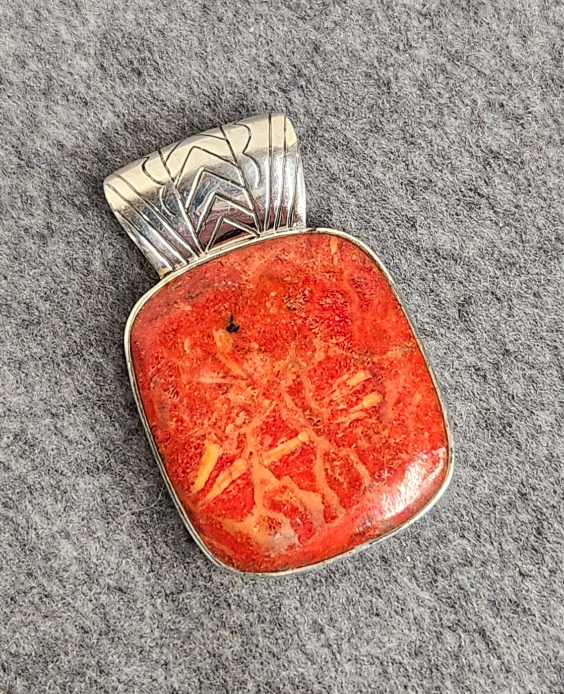 Sterling Silver BBJ Reconstituted Red Coral Large Rectangular Cabochon Pendant