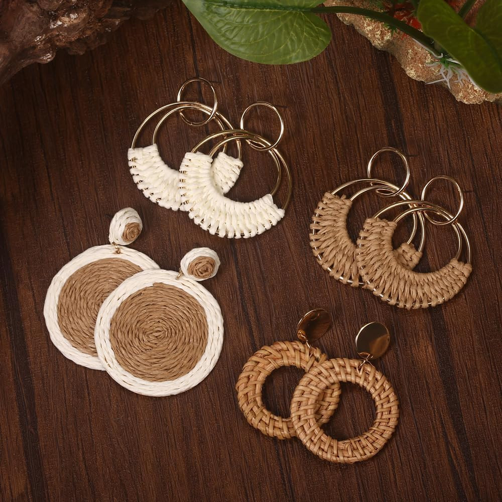 4 Pairs Handmade Raffia Rattan Bohemian round Drop Dangle Earrings for Women, Bo