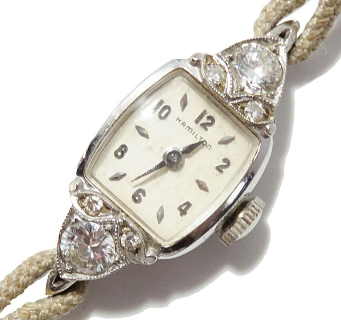 Hamilton 14K White Gold Diamond BIGGS Ladies wristwatch bracelet 17J Customized
