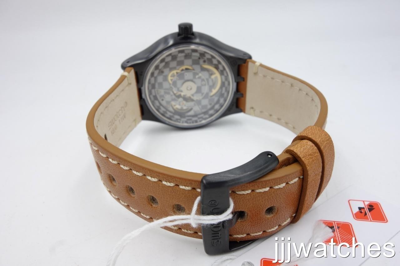 New Swiss Swatch SISTEM THOUGHT Brown Leather Automatic Watch 42mm YIB402 $270