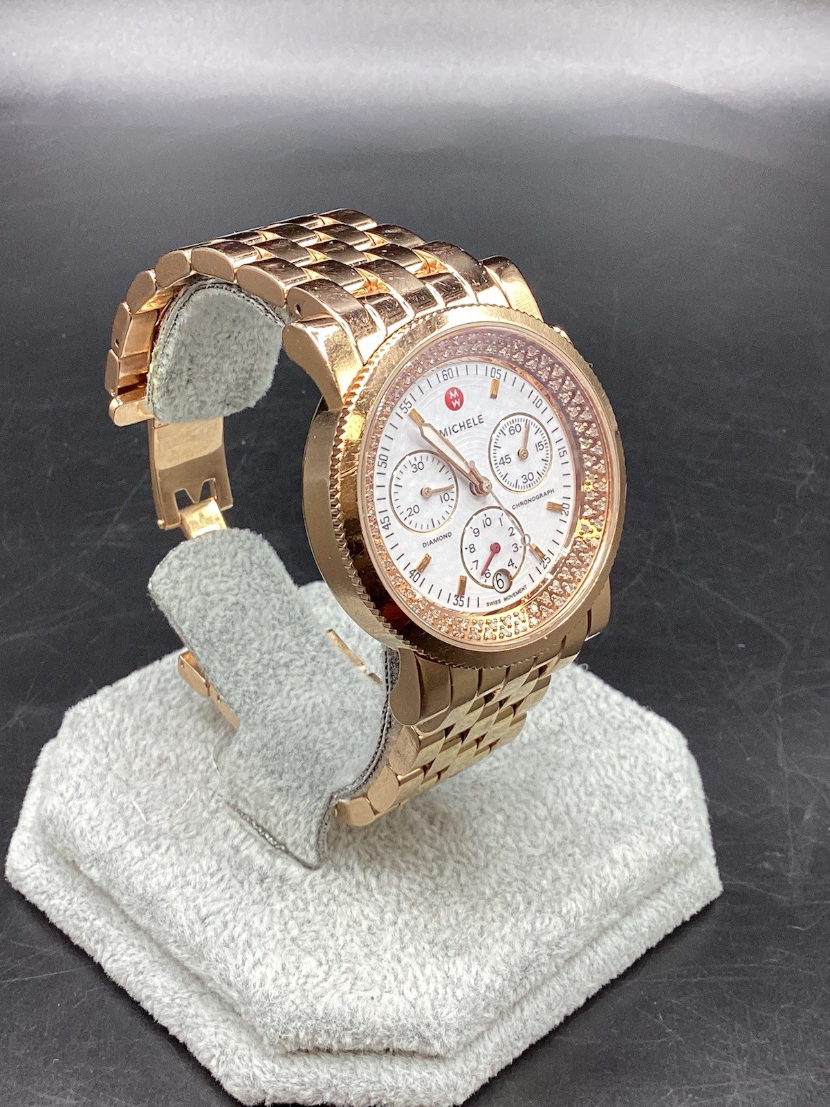 MICHELE (MW01C01G1001) Diamond Rose Gold White Dial Chrono Watch-Free Shipping
