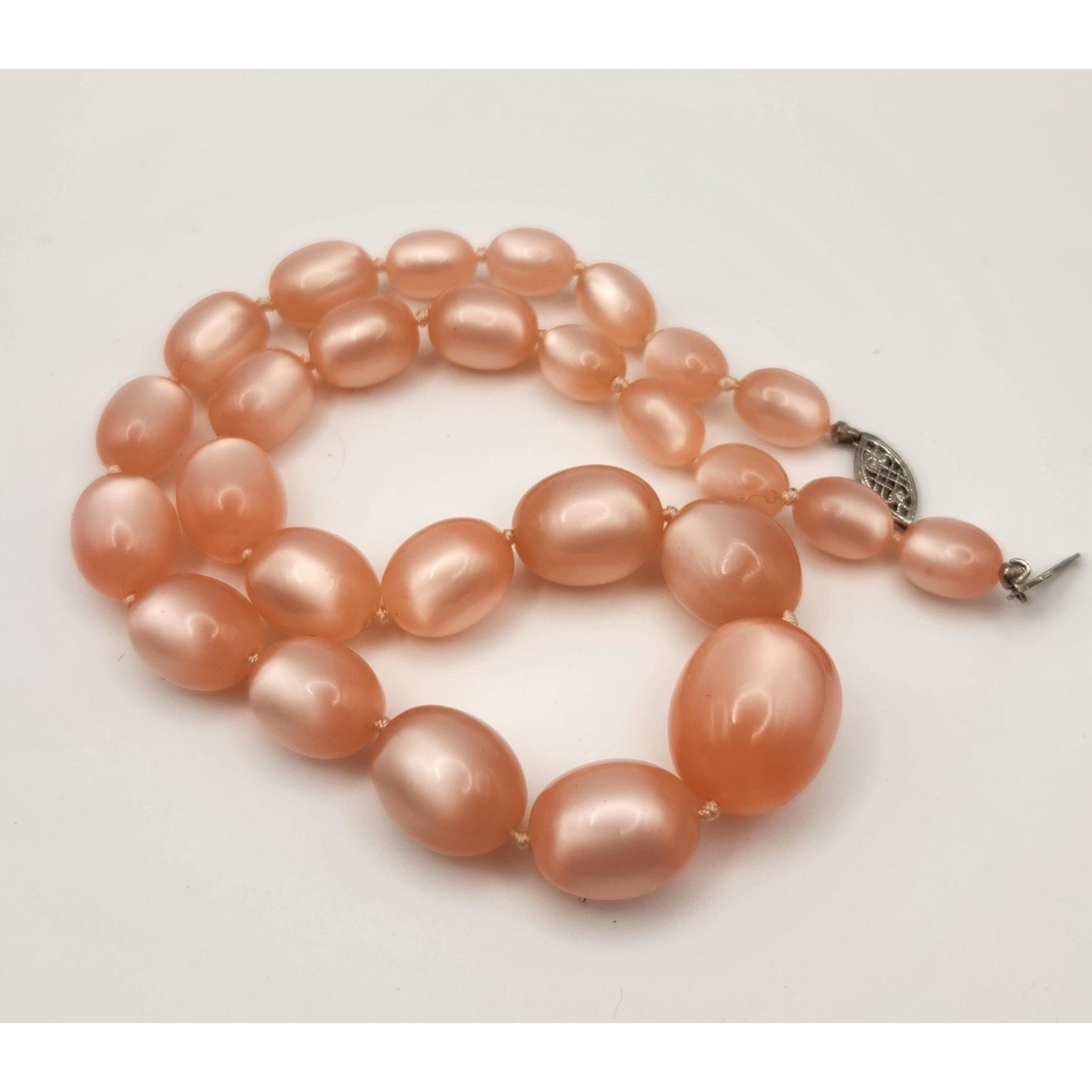 Vintage Pink Moonglow Graduated Lucite Necklace, Sterling Silver Clasp