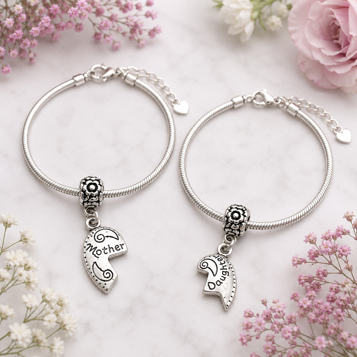 Mother Daughter Heart Halves Charm Bead Set For European Charm Bracelet Chains