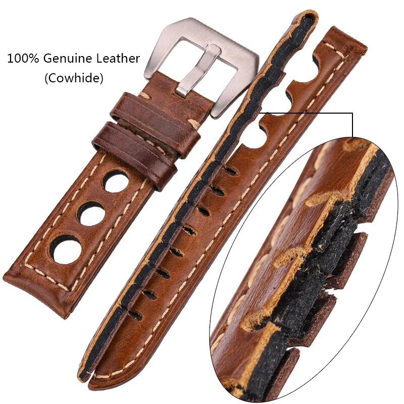 Cowhide Watch Strap Bracelet Vintage Genuine Leather 20mm 22mm 24mm Watchband