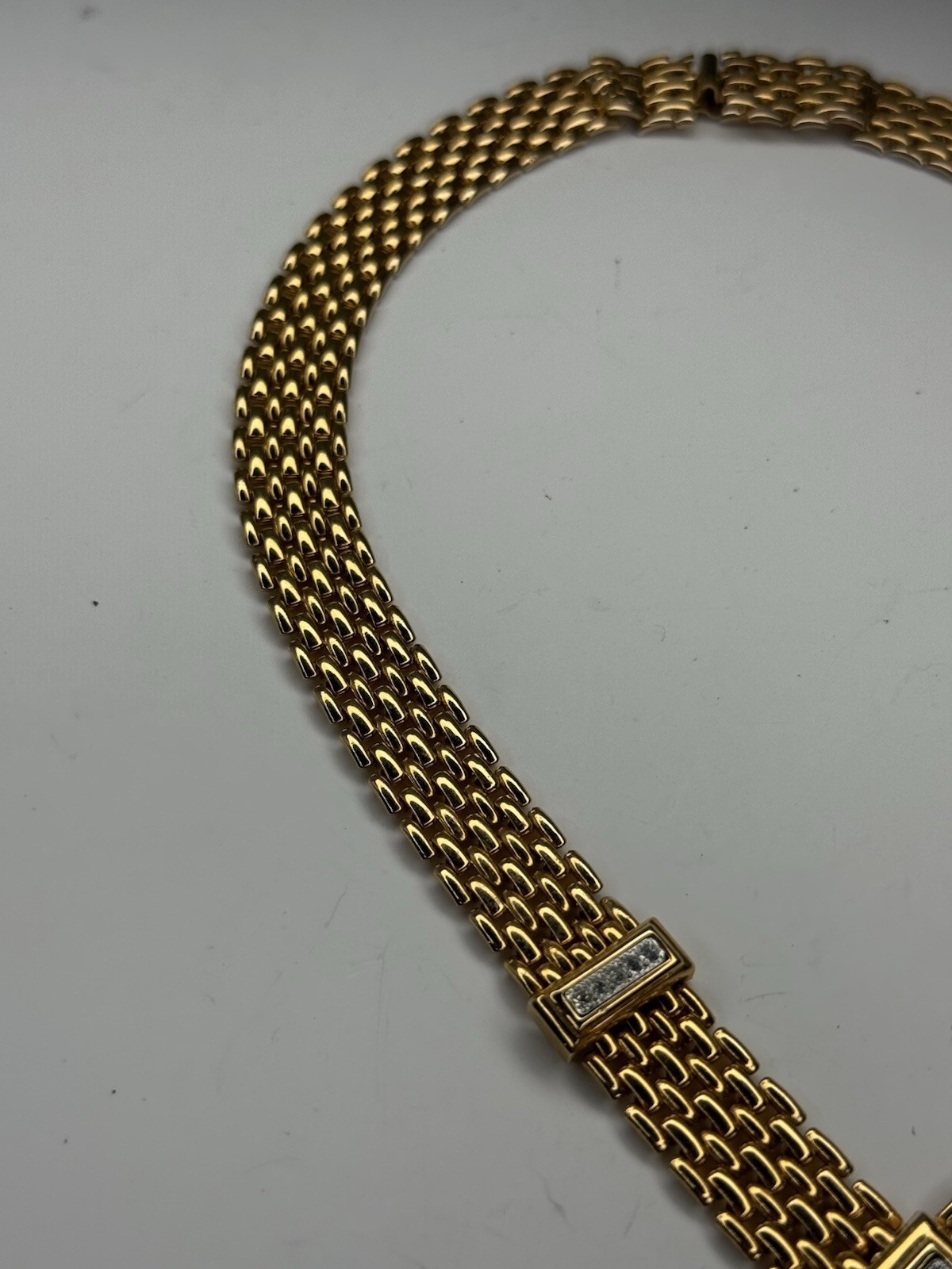 Vintage AVON Brick Chain V Shape Pave Rhinestone Push Lock GoldTone Necklace 16”