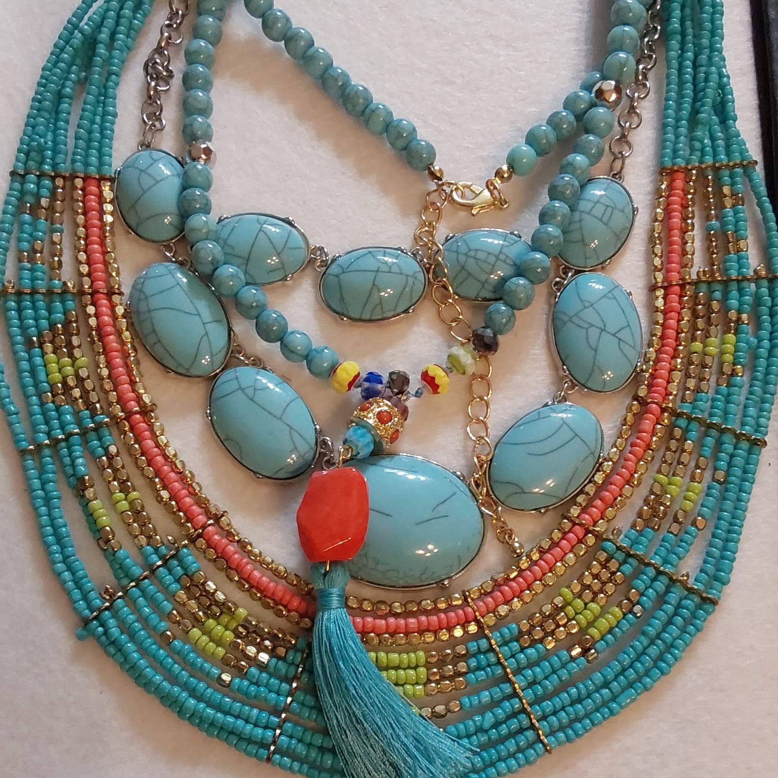 Multicolor Beaded Statement Bib Necklace Turquoise Oval Cabochons