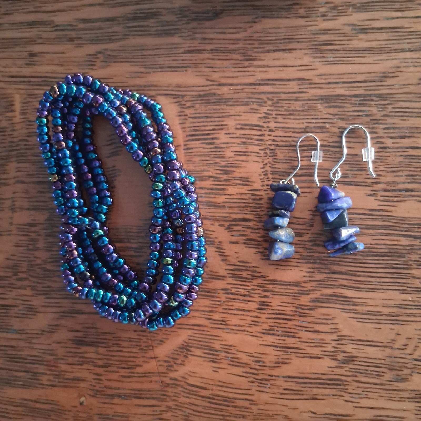 Retro Bohemian Blue Purple Oil Slick Beaded Bracelet & Natural Stone Earring Set