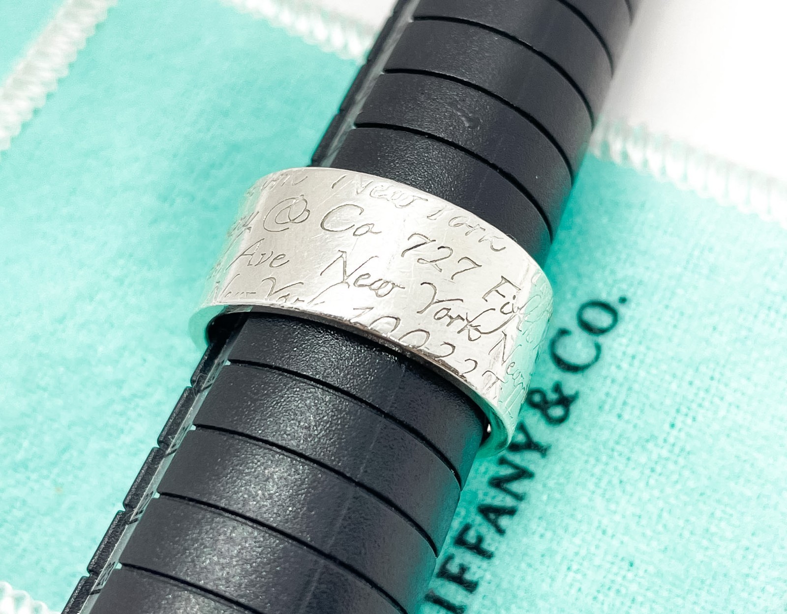 Tiffany & Co. Notes Script Fifth Avenue New York Wide Band Ring Silver Size 8.75