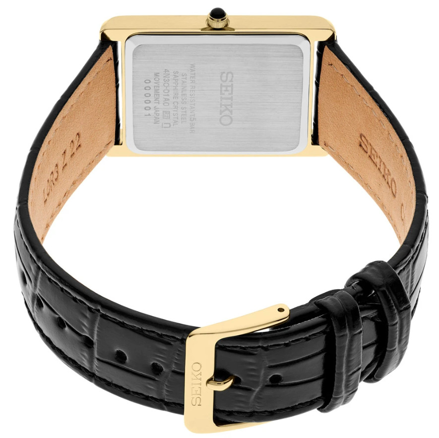 Seiko Essentials Rectangular Gold Tone Case Black Leather Men’s Watch SWR104