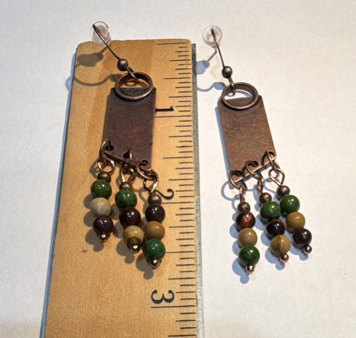 Brown/Green/Beige/Black Metal/Stone Rectangle Beaded Hook Earrings, 2.5 in