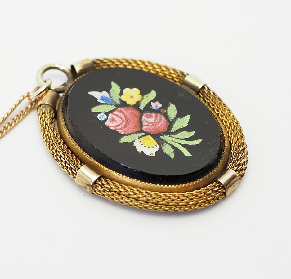 Antqiue gold filled Petra Dura flowers floral bouquet pendant necklace