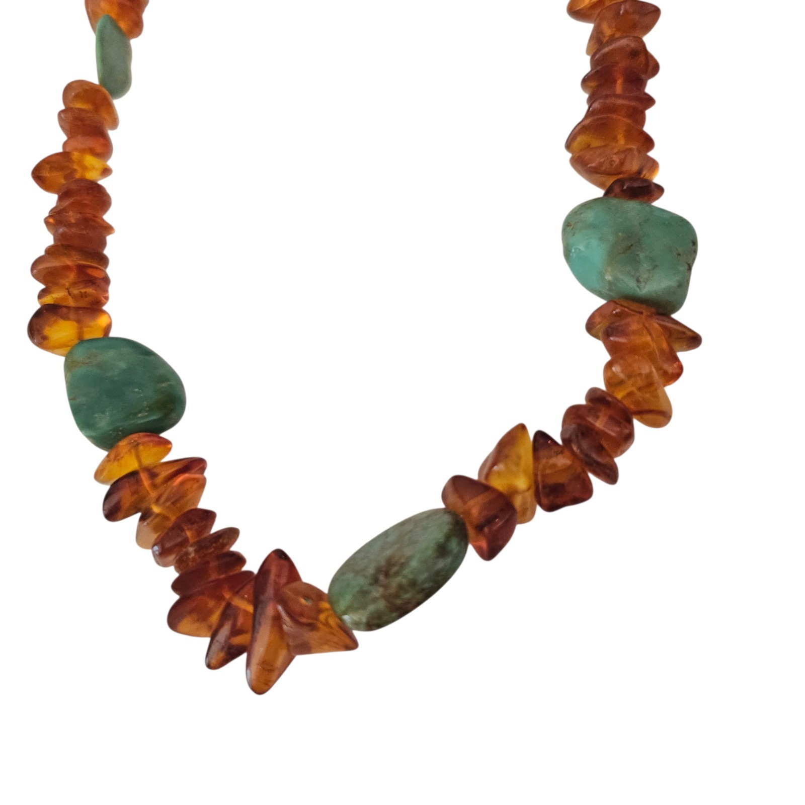 Vintage Native American Navajo Sterling Silver Turquoise Amber Bead Necklace 23″