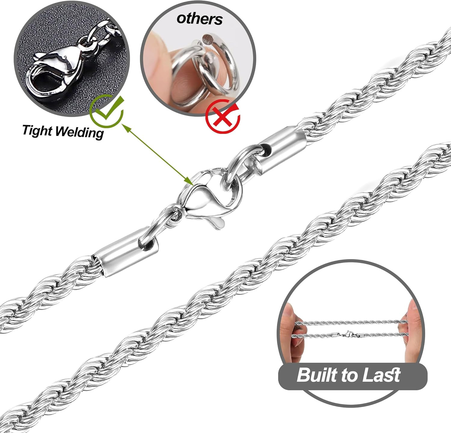 6PCS Silver Stainless Steel Cross Chain Layered Cuban Link Figaro Snake Box Chai