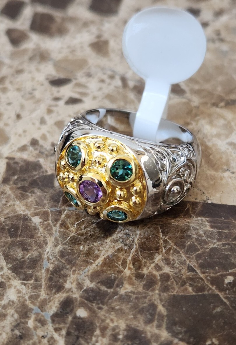 New gold silver plated brass cz 5 stone green purple stones bezel set size 6