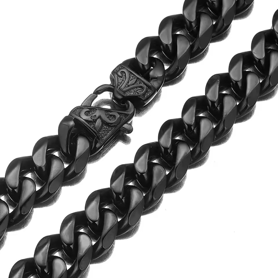 Men’s Black/Silver Tone Stainless Steel Curb Cuban Link Chain Necklace 16″-40″