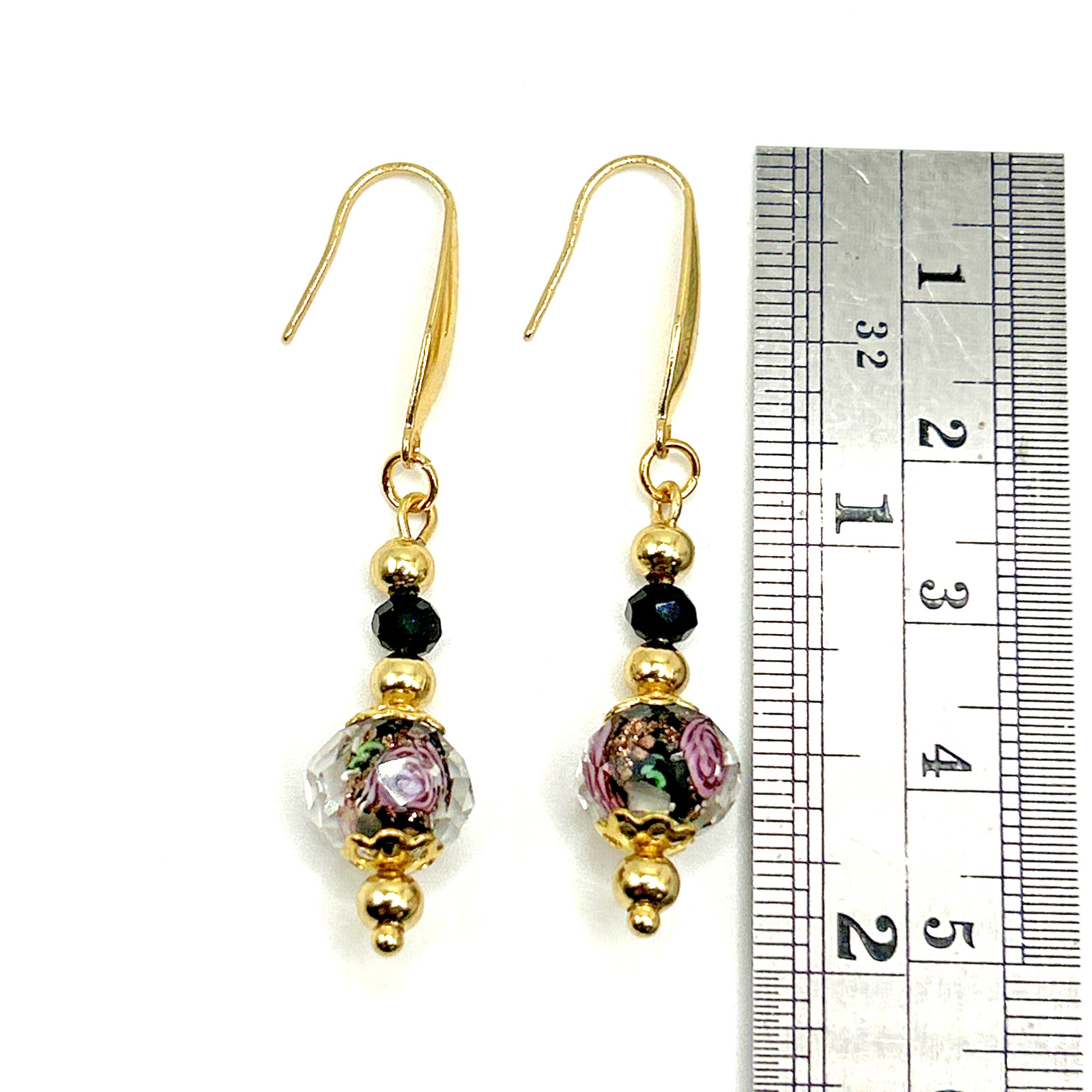 Tiny Pink Roses Lampwork Glass Beaded Dangle Drop Earrings Gold Stainless Steel