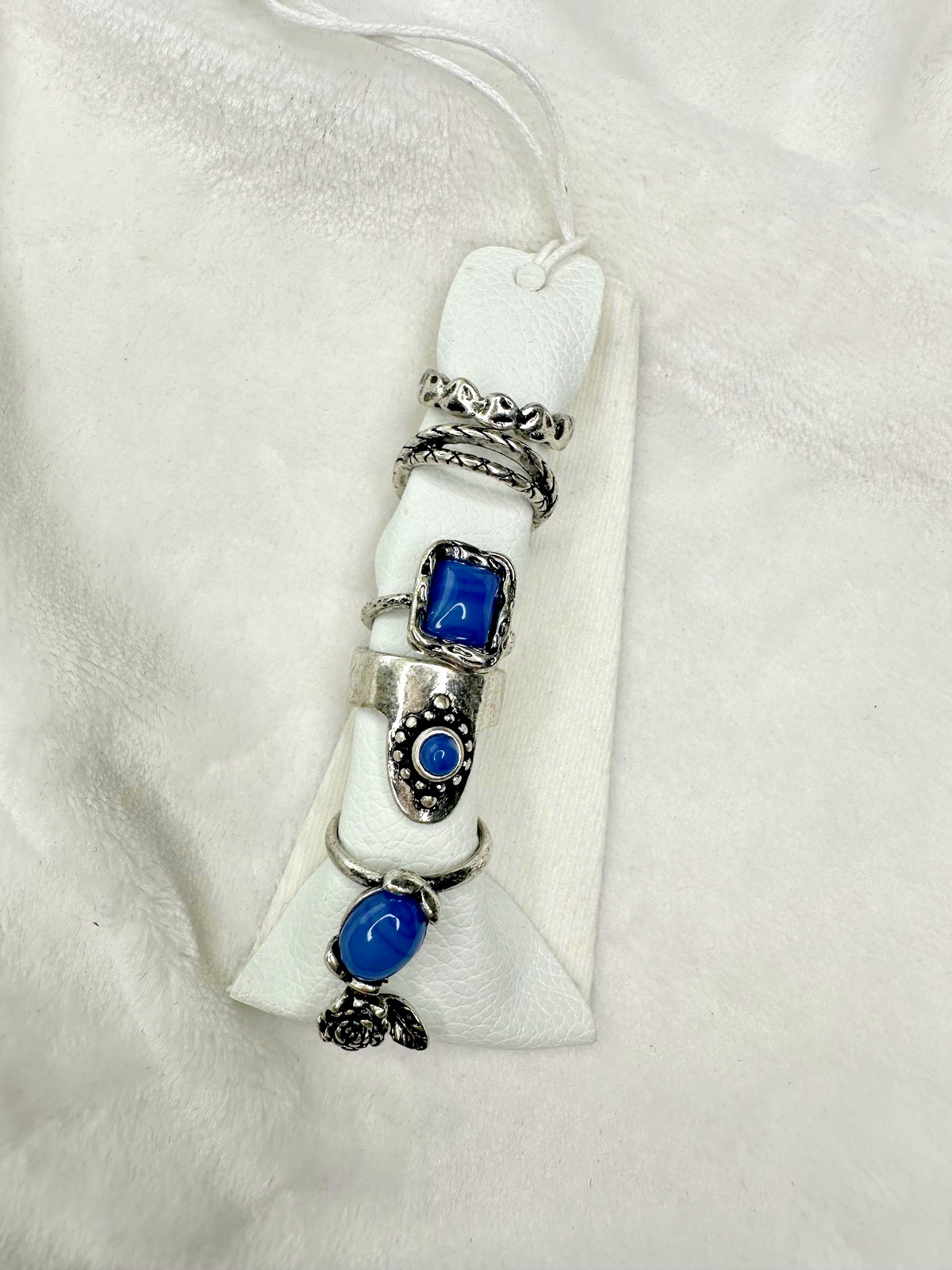 NEW Free People Rings Set of 5 Boho Jewelry Silver Tone Blue Stone Statement