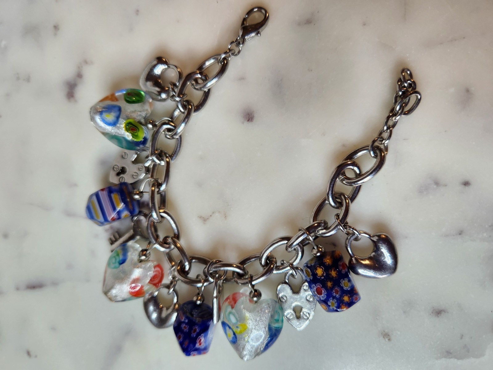 Vintage Murano Glass & Millefiori 8 Heart Charm Bracelet 7-9″ Adjustable