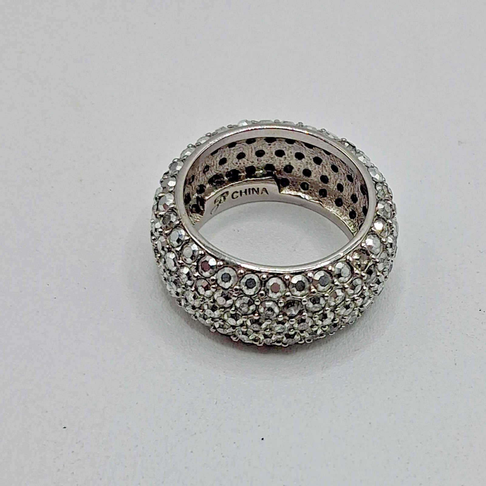 Joan Boyce Silver Tone Ring Metallic Silver Rhinestones 10mm Wide Size 6.75
