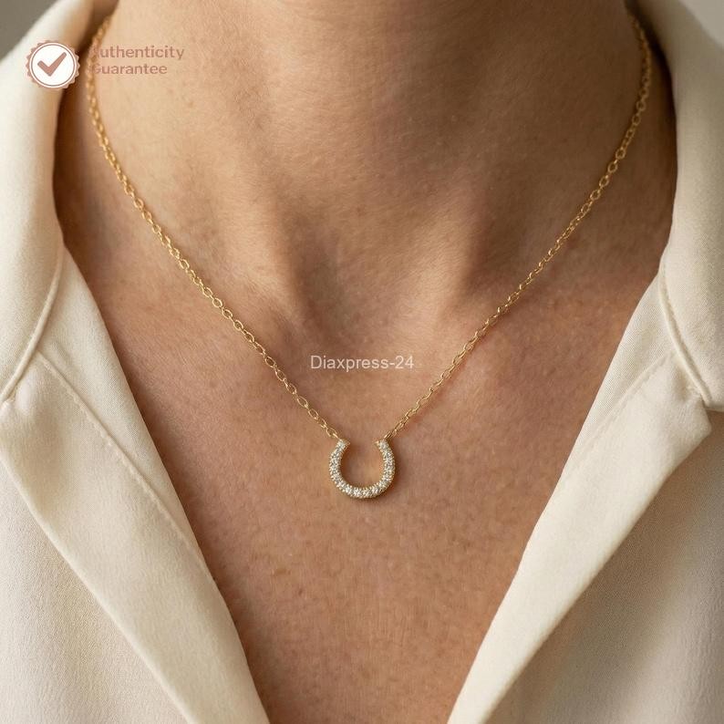 Round Cut Natural Diamond Women’s Lucky Horseshoe Pendant 14k Yellow Gold 18″
