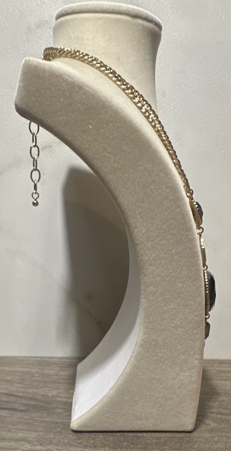 Gold Tone Blue & Gold Marble Faceted Oval Bezel Statement Necklace Adjustable