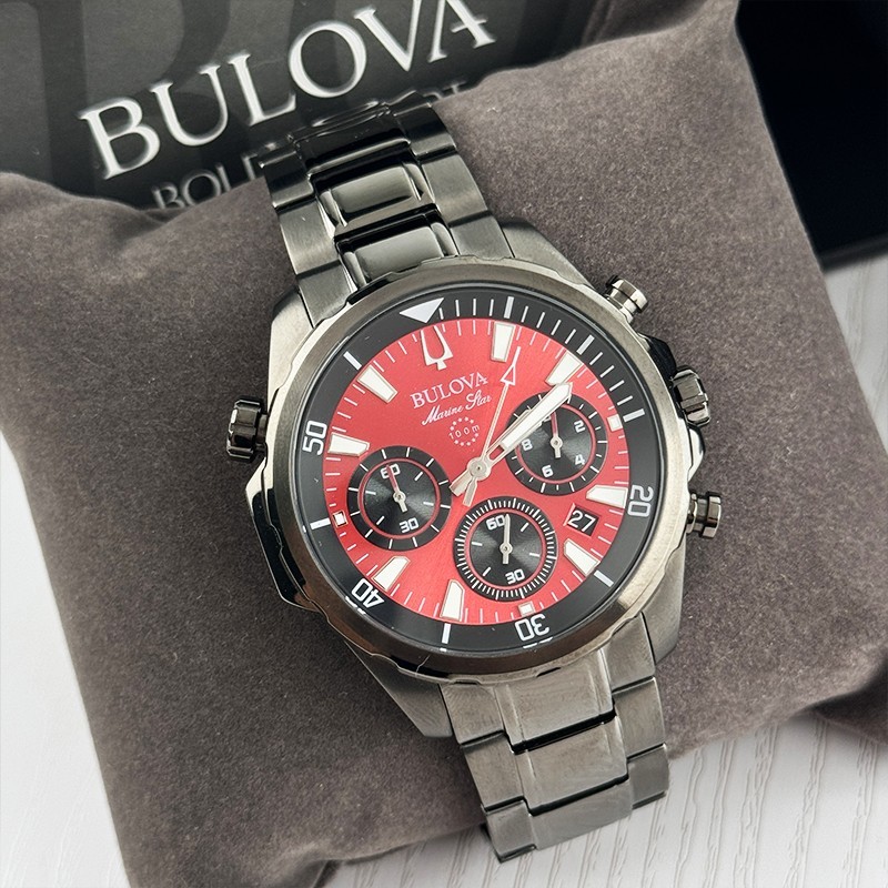 Bulova Marine Star Red Dial Chronograph Men’s Quartz Watch 43mm 98B350