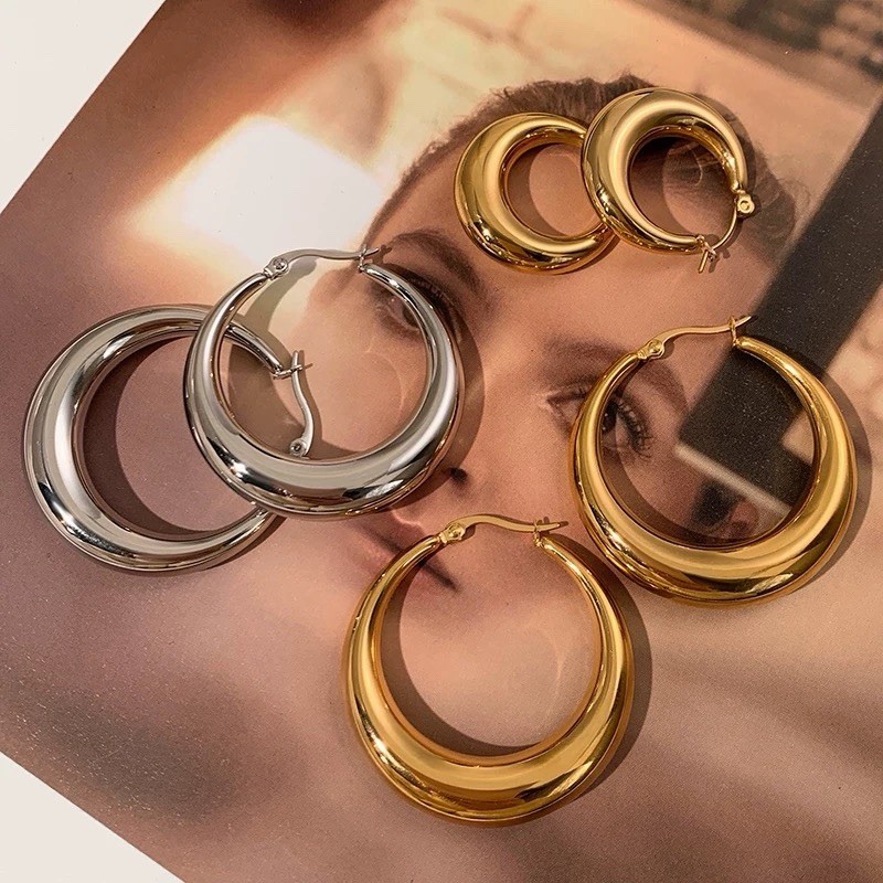 Chunky Hoop Earrings 925 Sterling Silver Posts Gold or Silver Thick Hoops