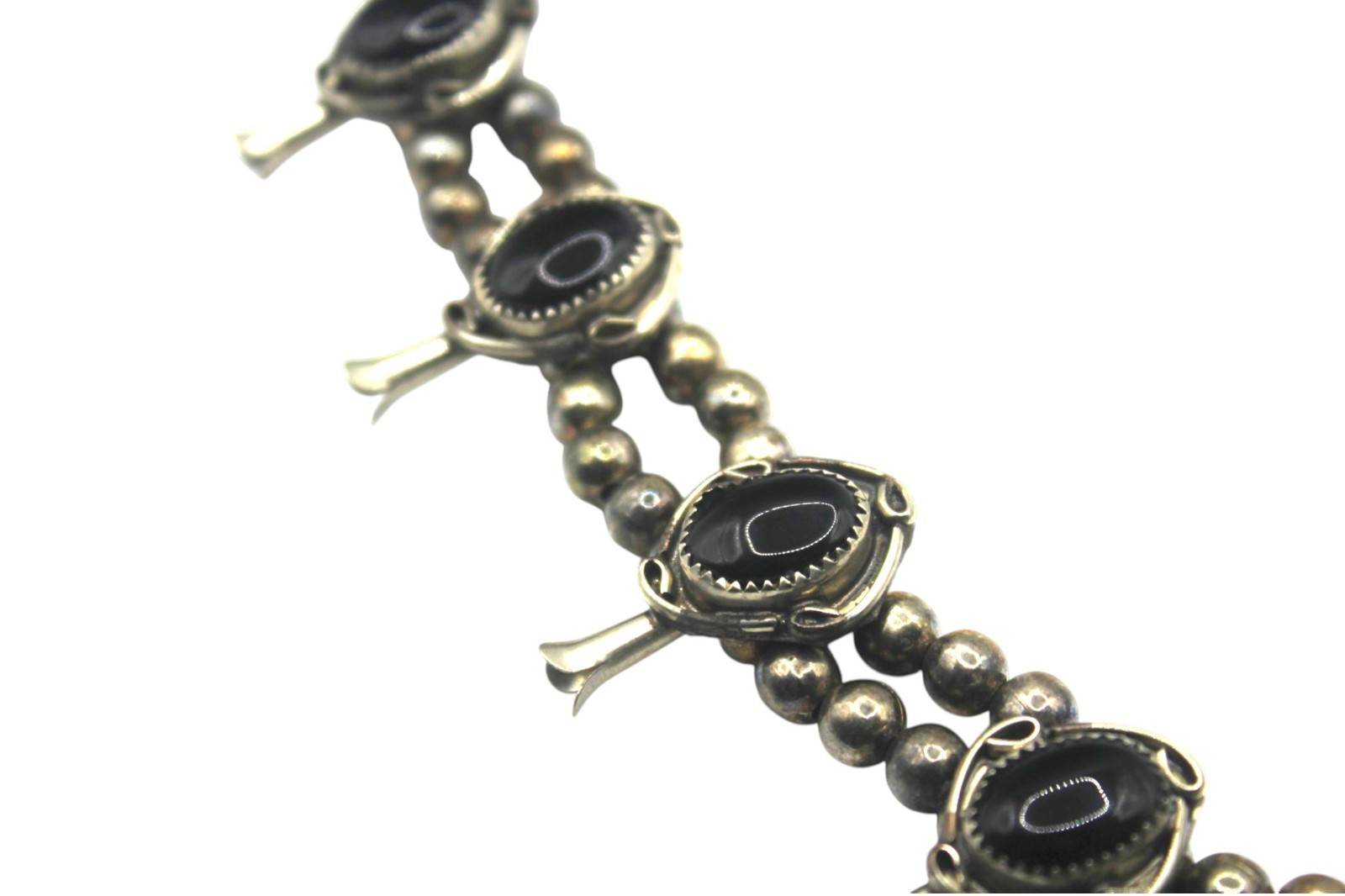 Vintage Silver Tone Black Onyx Squash Blossom Statement 24in Western Nickle