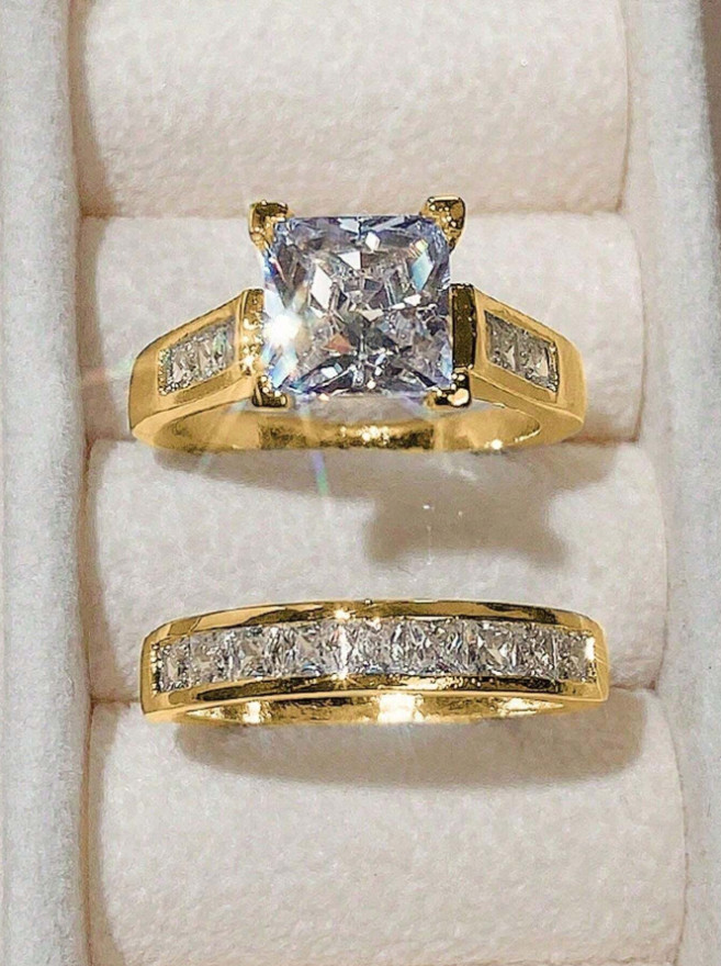 2PCS Square Crystal Wedding Ring Set Polished Elegant Bridal Women’s Jewelry USA