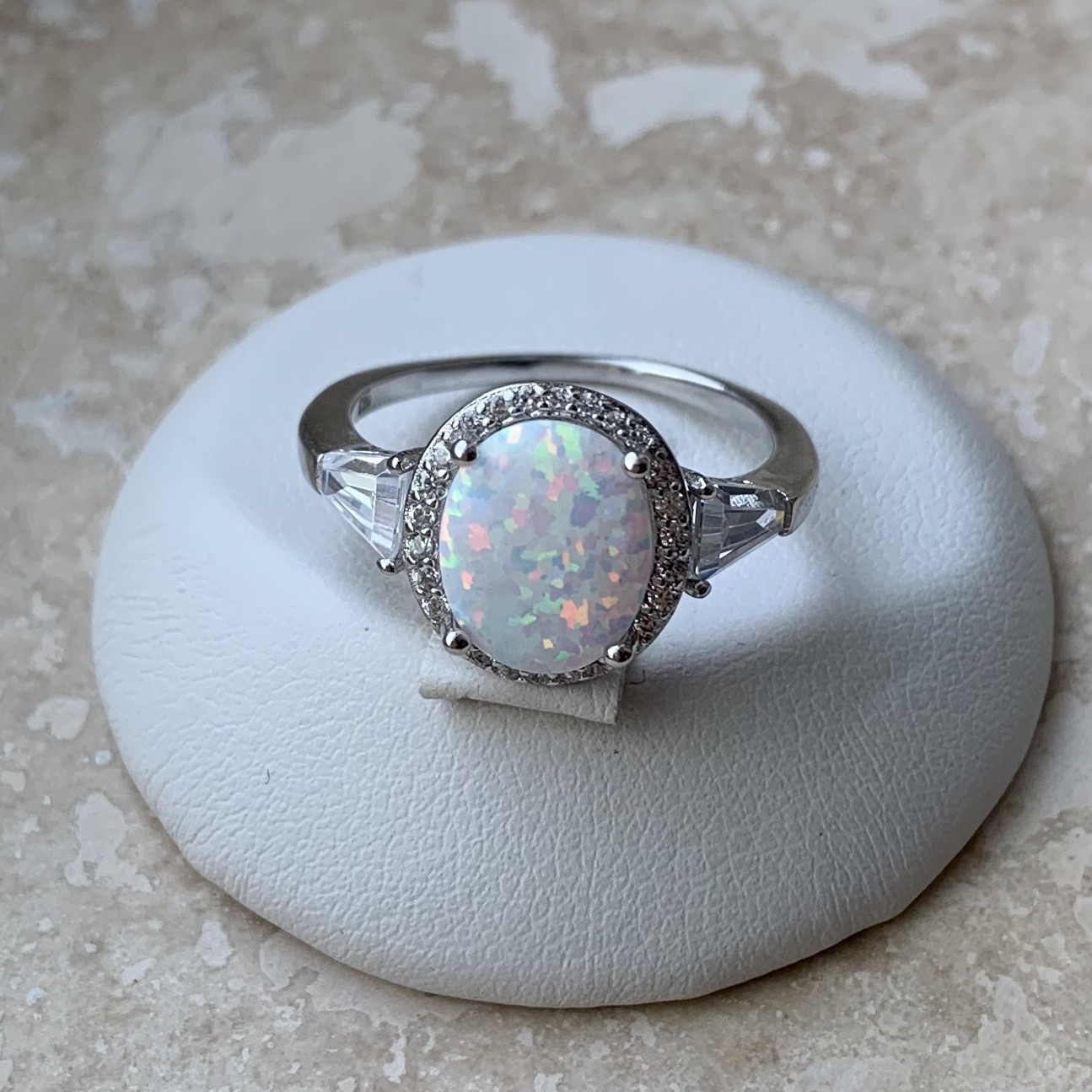 Sterling Silver Oval White Lab Opal Ring with CZ, Wedding Rings, Engagement Ring