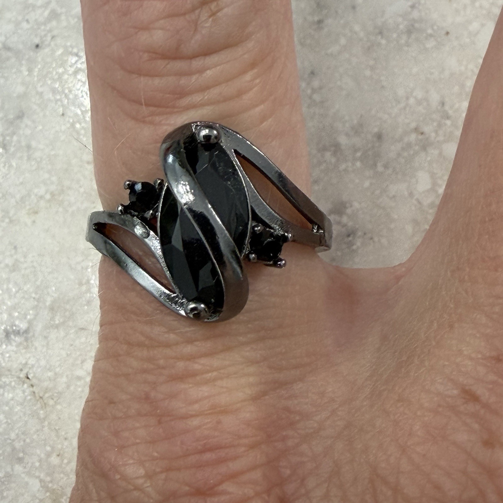 Gun Metal Black Gem Costume Marquis Ring Sz 9.25, 925 Stamped.
