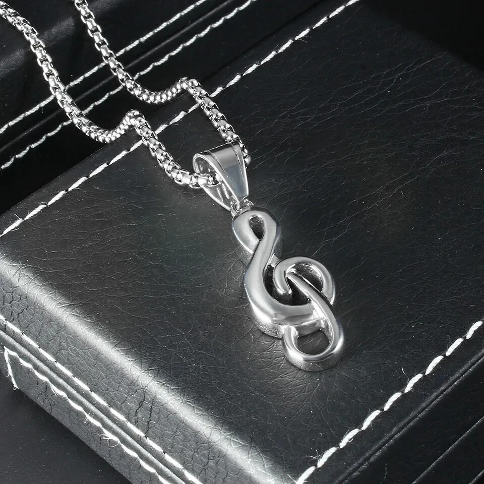 Silver Music Note G Treble Clef Pendant Necklace with Chain 24″ Mens Womens