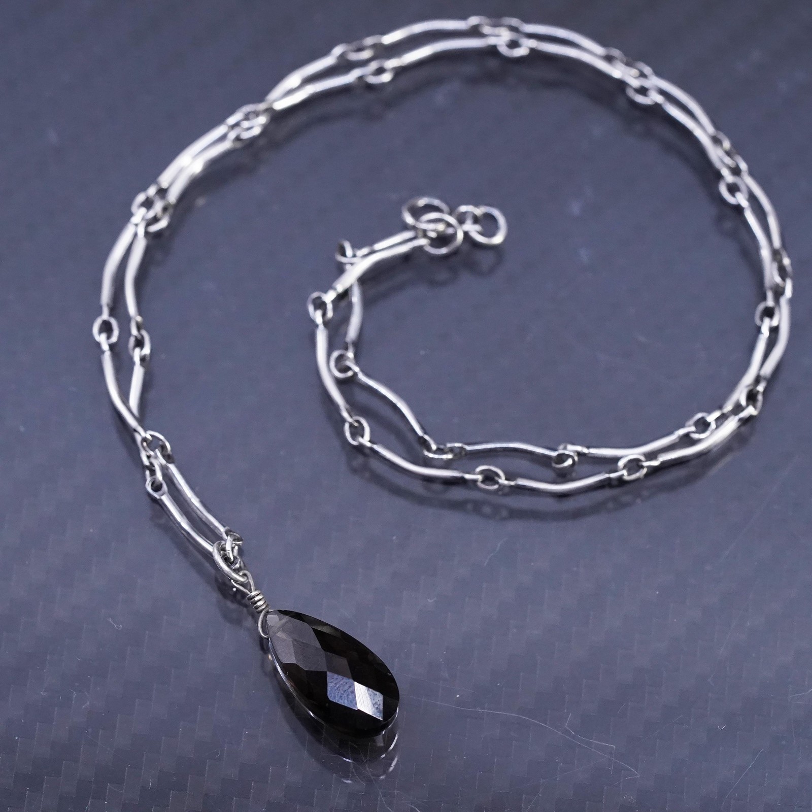 16”, sterling silver 925 DNA bone chain necklace teardrop smoky quartz
