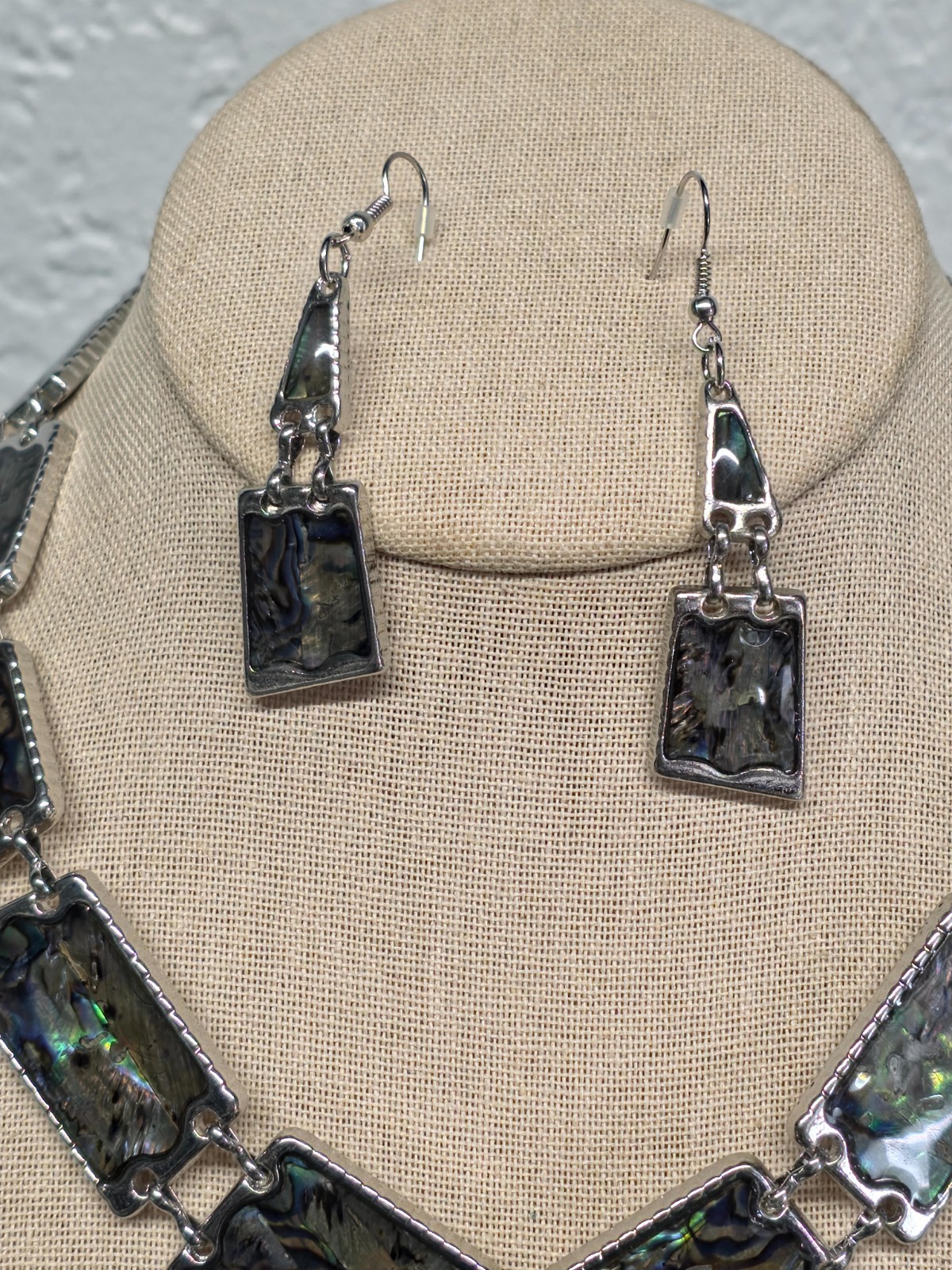 Artisan Abalone Shell Necklace Earring Set Silver Tone Rectangle Mosaic 16-18″