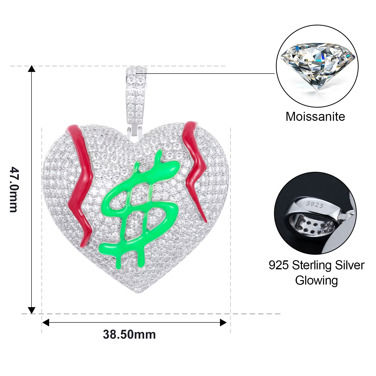 Glow in Dark Money Heart Moissanite Pendant 925 Silver Iced Out Hip Hop Jewelry