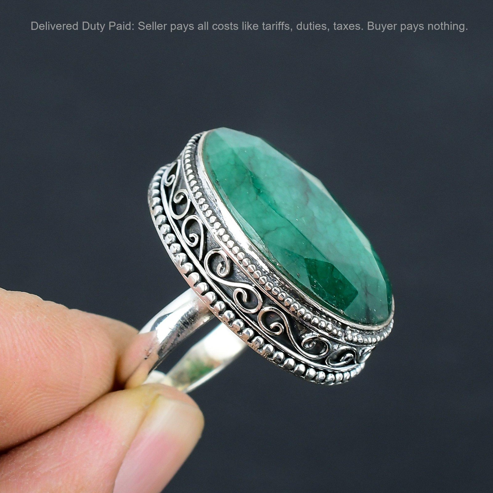 Oval Zambian Emrald Gemstone Sterling Silver Anniversary Statement Vintage Ring