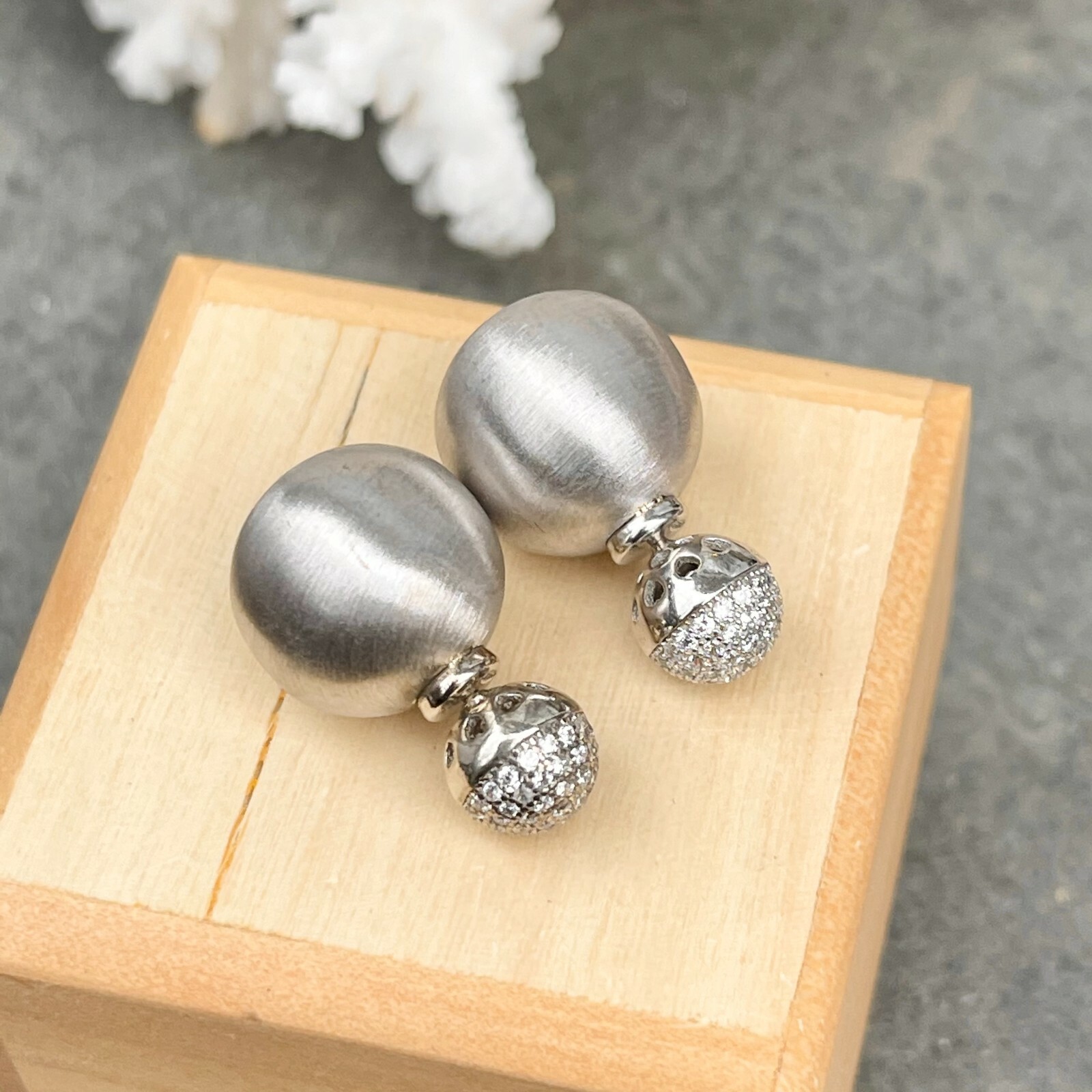 Sterling Silver Double-Ended Satin + Crystal Ball Earrings Small and Large NEW