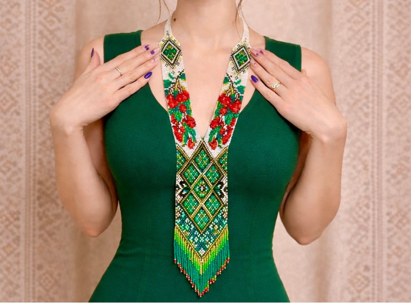 Ukrainian Handmade Beaded Gerdan Necklace Green Folk Boho Jewelry Gift Her