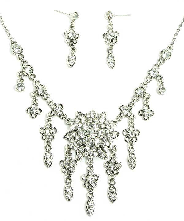 164b Bridal Silver Plt. Clear Austrian Crystal Floral Center Drop Necklace Set