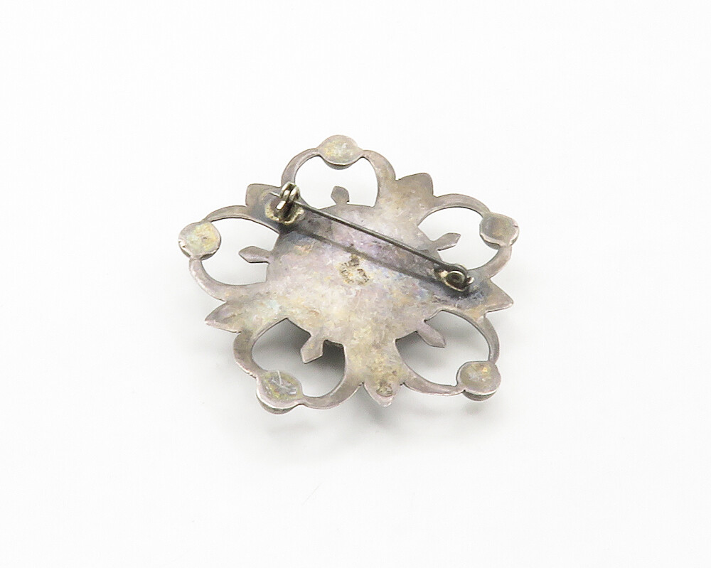 MEXICO 925 Silver Vintage Antique Black Onyx Flower Motif Brooch Pin BP6663