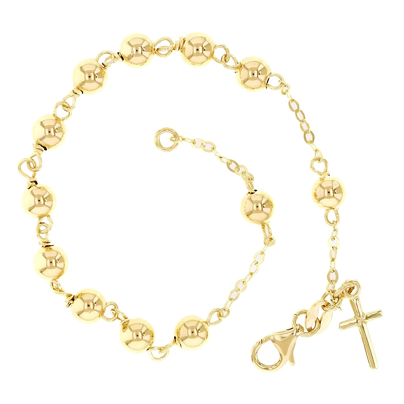 Italian 14k Yellow Gold Cross Ball Bead Rosary Bracelet 7″ 5mm 3 grams