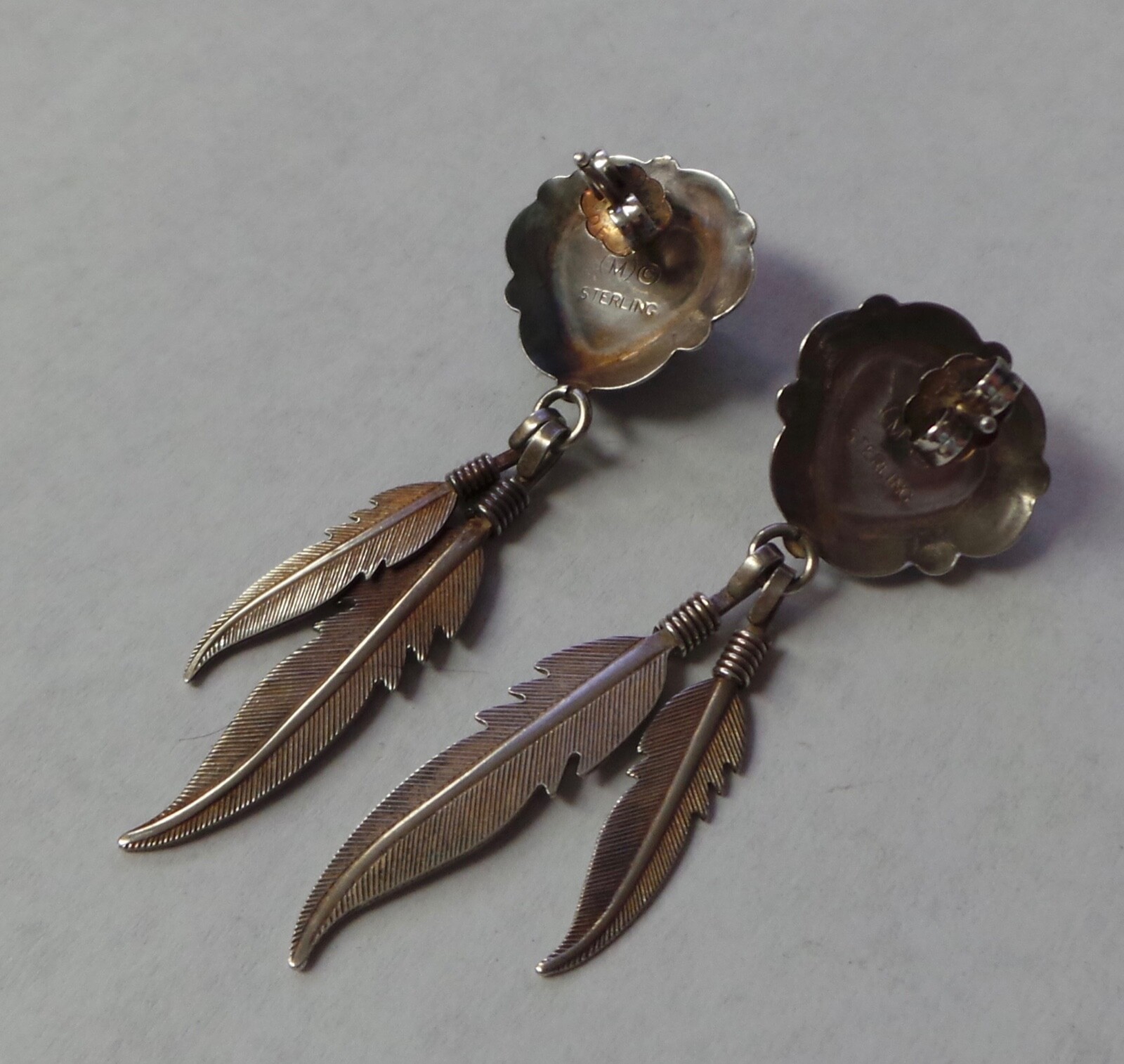 Vintage Sterling Silver Onyx Dangle Feather Earrings 6g 2″ M Hallmark