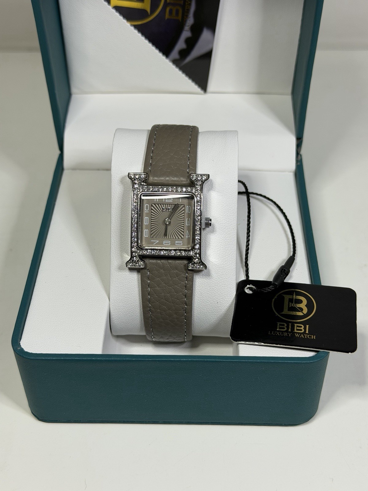 Bibi Luxury Watch Women’s Silver H Inspired Crystal Set Bezel Grey Leather NEW