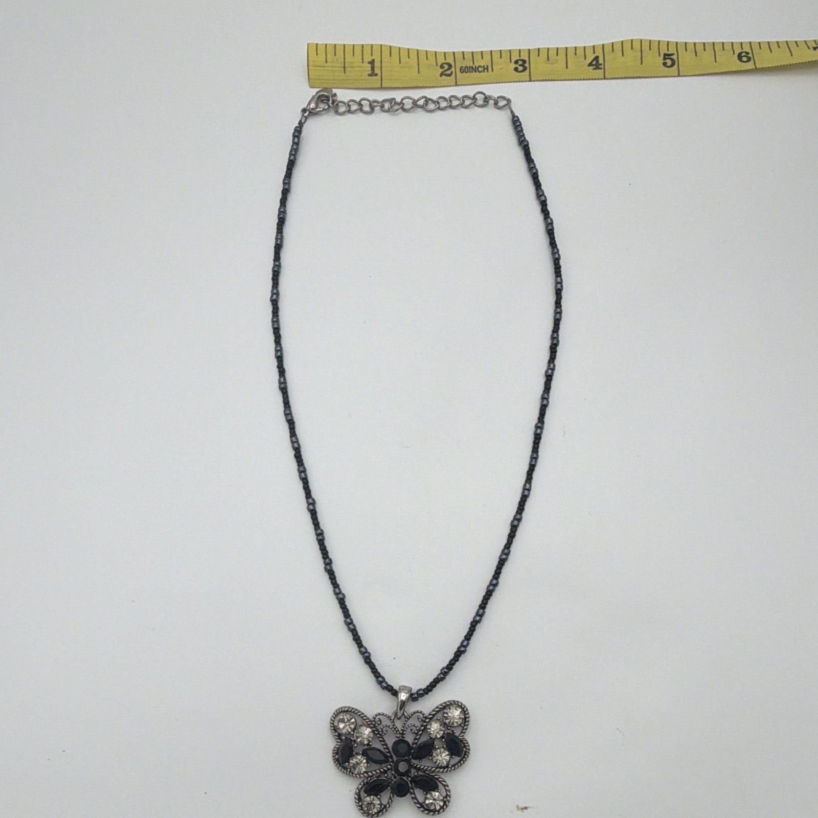 Black Beaded Ball Chain Butterfly Charm Pendant Crystal Rhinestone 18-20.5in Adj