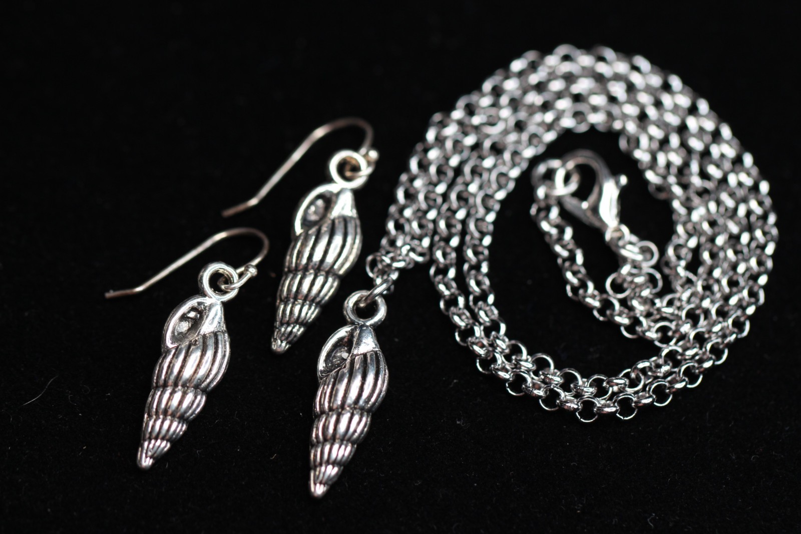 Sea Shell Necklace Set Earrings Silver Pewter Charms, Sterling Silver Hooks