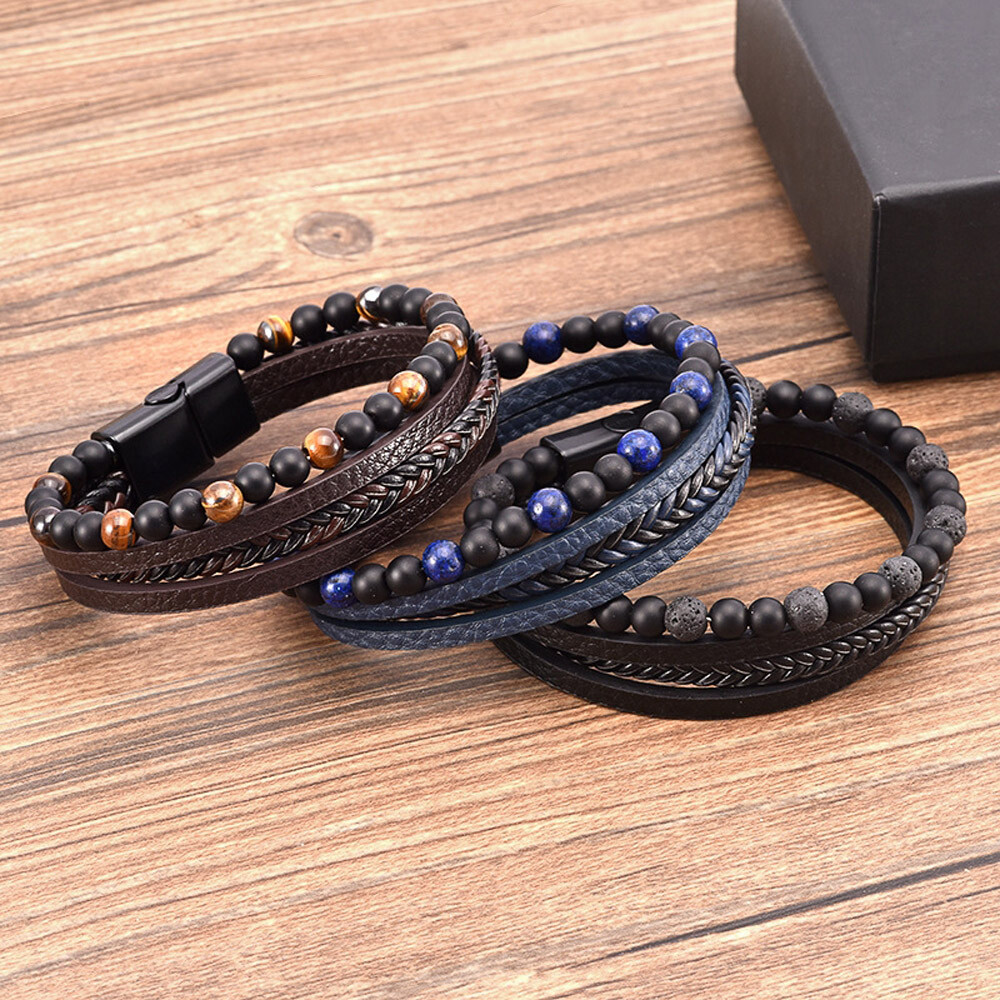 Men’s Layered Braided Leather Beaded Bracelet With Tiger Eye Natural Stone US
