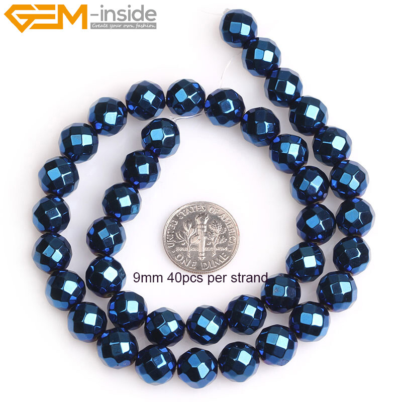 Round Blue Metallic Coated Hematite Faceted Stone Loose Beads Jewelry Making 15‘